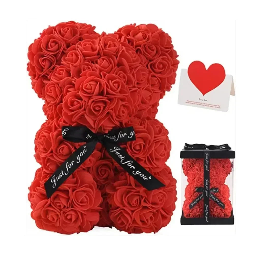 Eternal Rose Teddy Bear with Artificial Flower Birthday Anniversary Gift Decor Miniature Keepsake for Girlfriend Valentine Day