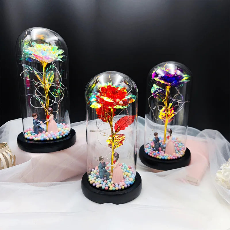 Birthday Gift for Girlfriend Colorful Rose Eternal Flower Luminous Decoration Proposal Prop Valentine's Day Gift for Wife