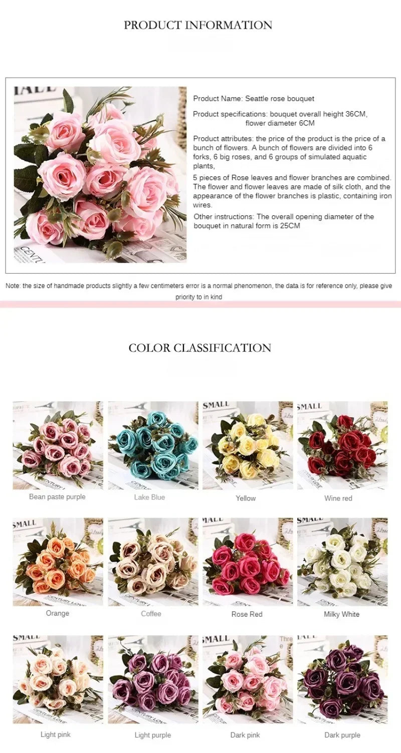 Retro Artificial Roses Bouquet Elegance Bridal Wedding Realistic Roses Flowers Floral Arrangement Ornaments Home Decoration