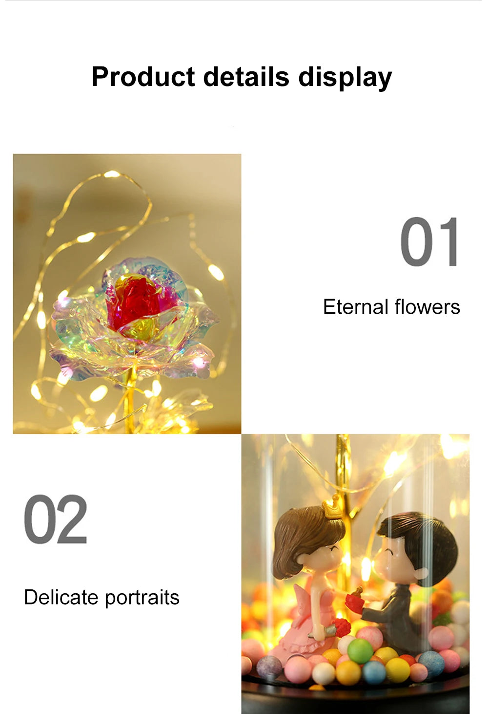 Eternal Rose Artificial flower Glass Cover Decoration LED Light Foil Flower In Glass Cover Wedding Valentine's Day Mother's Gift