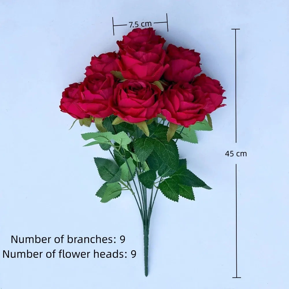 9 Heads Rose Artificial Flowers - Valentine’s Day Romantic Gift, Faux Blooms for Home Decor & Wedding Table Centerpieces