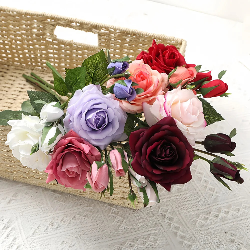 Real Touch Romantic Rose Artificial Flowers (1 Flower + 2 Buds) Moisturizing Texture for Home Decor Wedding Bridal Bouquet