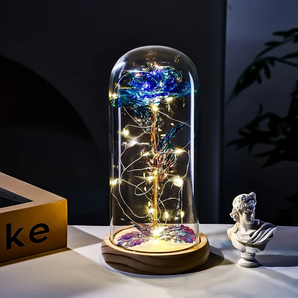 Eternal Rose LED Light glass Cover Flower Valentines Day Gift Wedding Party Decor Artificial Rose Flowers Light Christmas Gift