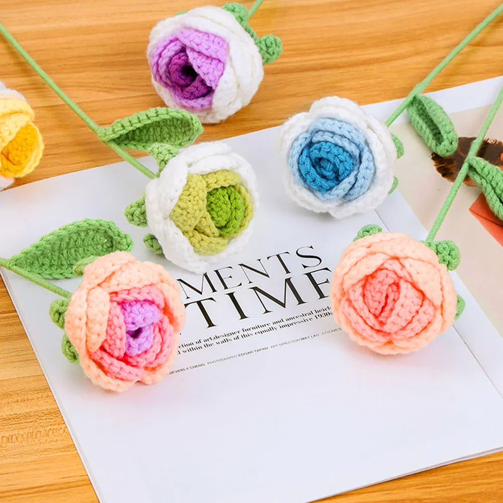 Hand Woven Roses Tulip Simulation Flower Preparation Handmade Flower Diy Wool Knitting Homemade Crochet Bouquet Finished Product