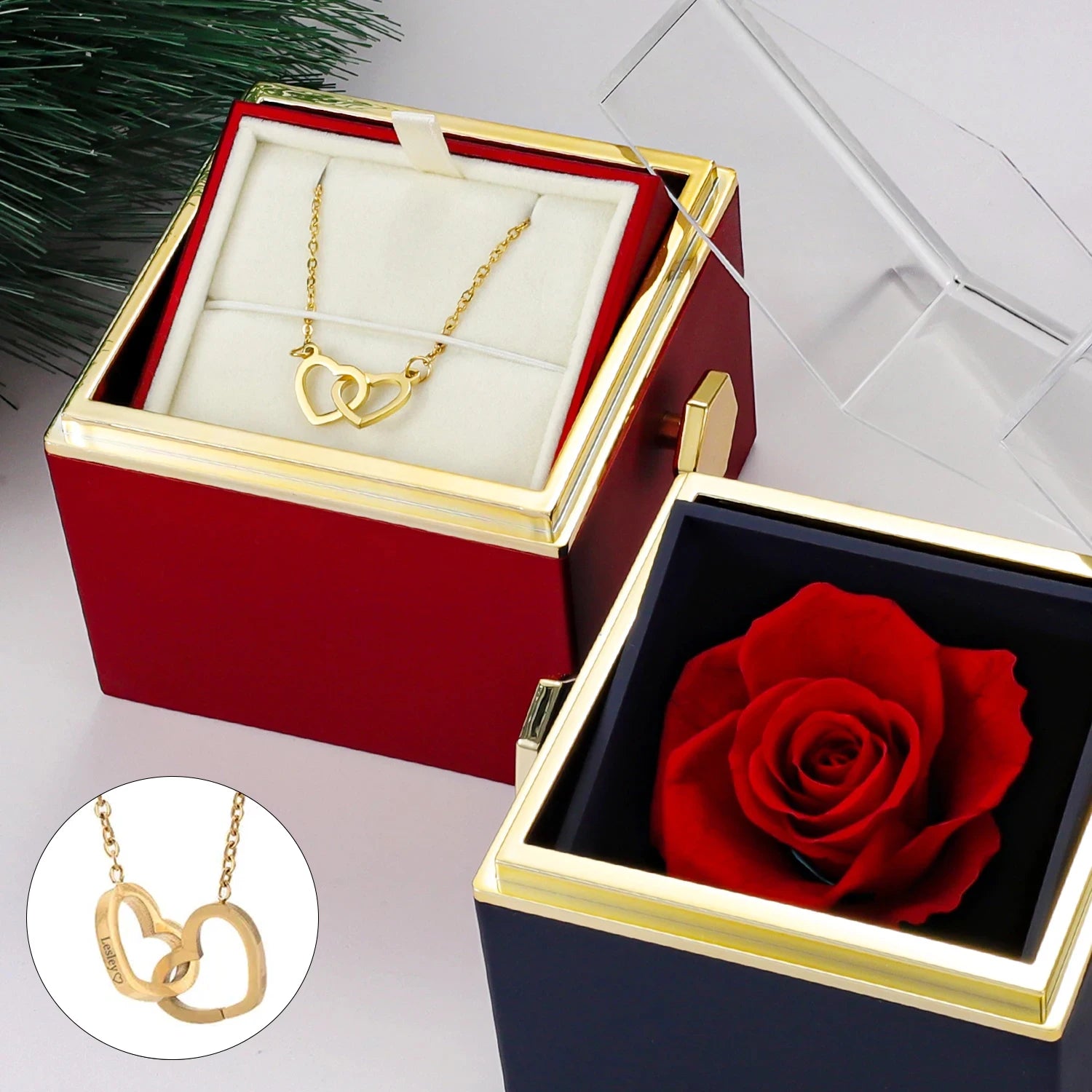 Eternal Rose Box -Heart Necklace & Soap Flower Gift Box Customize Heart Name Necklace Valentine's Day Gift for Women For Mom
