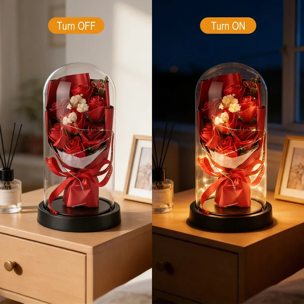 Rose Eternal Life Flower LED Starry Sky Glass Cover Living Room Decor Gift Ornament Perfect Valentine's Day Christmas Gift