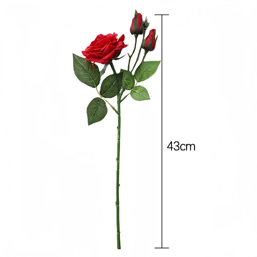 Real Touch Romantic Rose Artificial Flowers (1 Flower + 2 Buds) Moisturizing Texture for Home Decor Wedding Bridal Bouquet