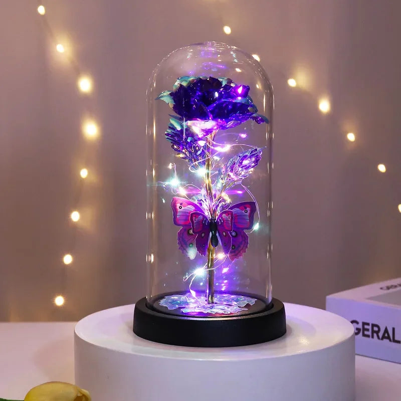 New Home Decor Glass Cover Rose Eternal Flower with Lamp Creative Decoration Ornament Bedroom Decoration