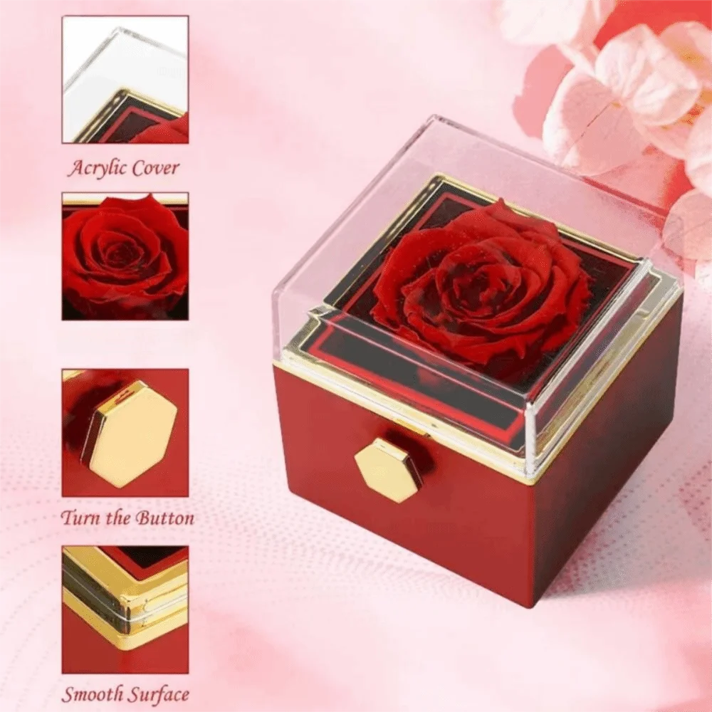 Caja Joyero Giratoria con Rosa Eterna — Exhibidor de Anillos, 3 Colores, Propuesta y Boda