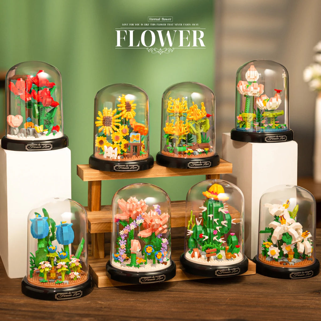 Eternal Flower Red Rose Bouquet Desktop Decoration Bonsai Romantic Building Blocks Bricks DIY Toy Valentine's Day Gift for Girls