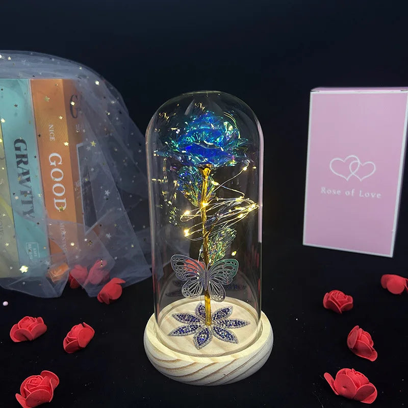 Rosa Galaxy de Cristal en Cúpula de Vidrio con LED — Regalo Cumpleaños, Mamá, Abuela y Esposa