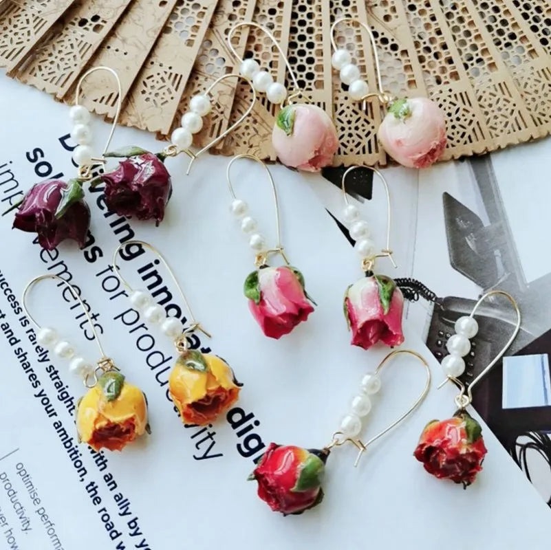 Immortal Rose Flower Earrings Elegant Epxoy Resin Dried Flower Earrings Colorful Rose Natural Plant Hoop Earrings Custom Jewelry