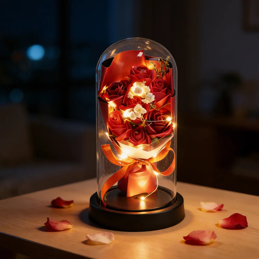 Rose Eternal Life Flower LED Starry Sky Glass Cover Living Room Decor Gift Ornament Perfect Valentine's Day Christmas Gift