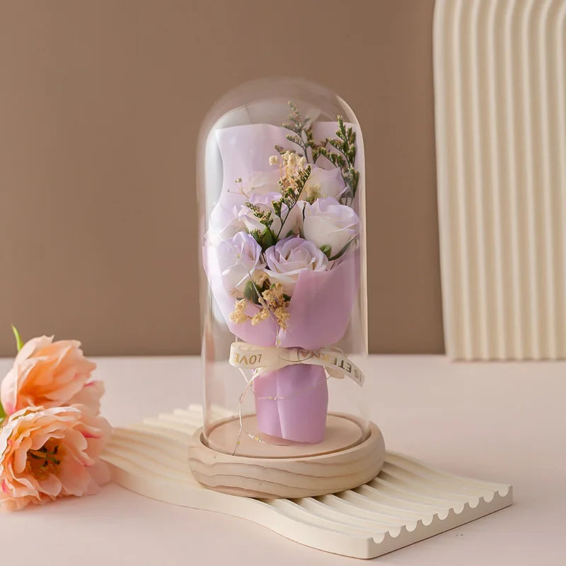 Eternal Rose LED Light glass Cover Flower Valentines Day Gift Wedding Party Decor Artificial Rose Flowers Light Christmas Gift