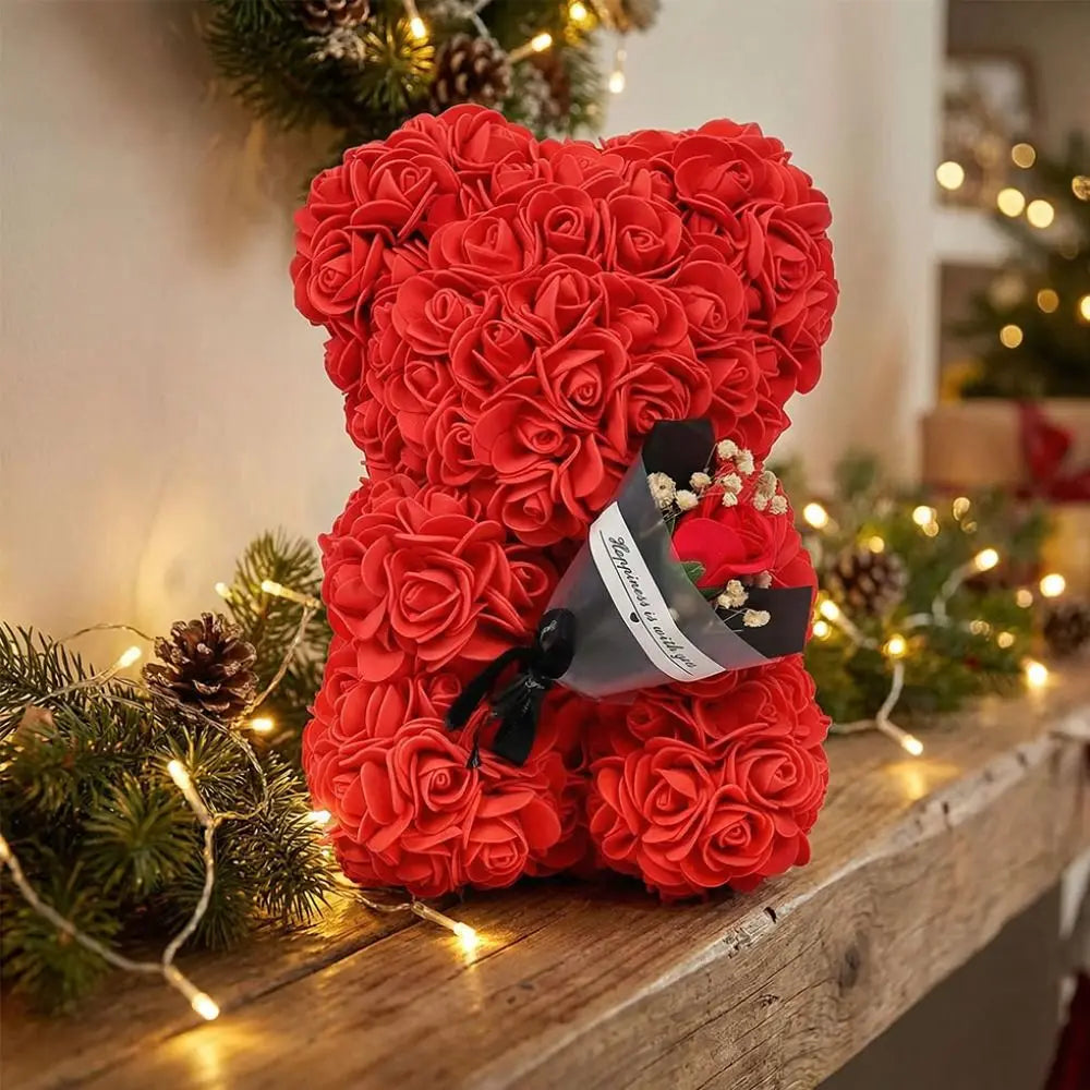 24cm Size Eternal Rose Bear Long Lasting Foam Flowers Rose Bear Artificial Rose Creative Design Artificial Flower Gift