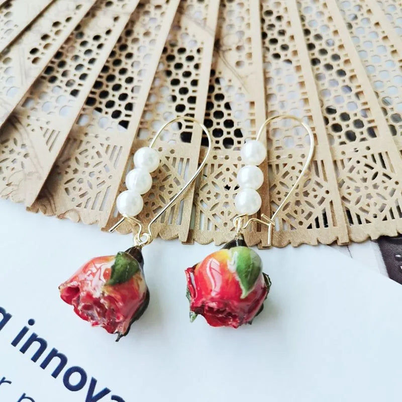 Immortal Rose Flower Earrings Elegant Epxoy Resin Dried Flower Earrings Colorful Rose Natural Plant Hoop Earrings Custom Jewelry