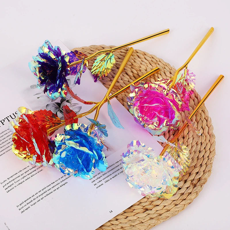 Rosa Bañada en Oro 24K — Rosa Dorada Eterna, Set con Base, 12 Colores, San Valentín