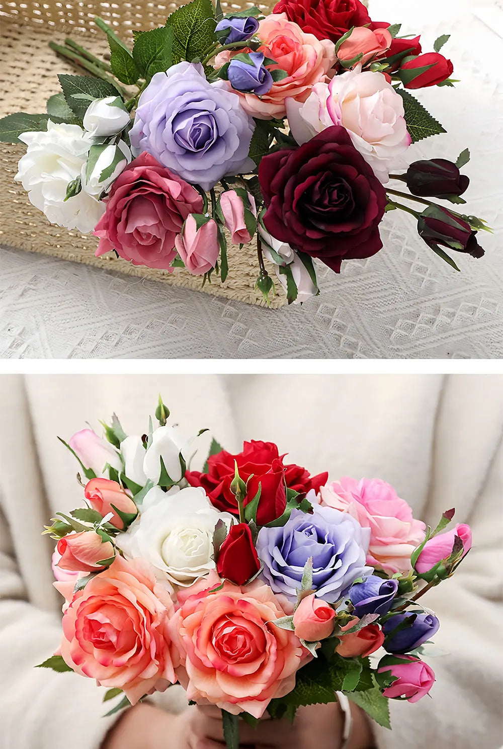 Real Touch Romantic Rose Artificial Flowers (1 Flower + 2 Buds) Moisturizing Texture for Home Decor Wedding Bridal Bouquet