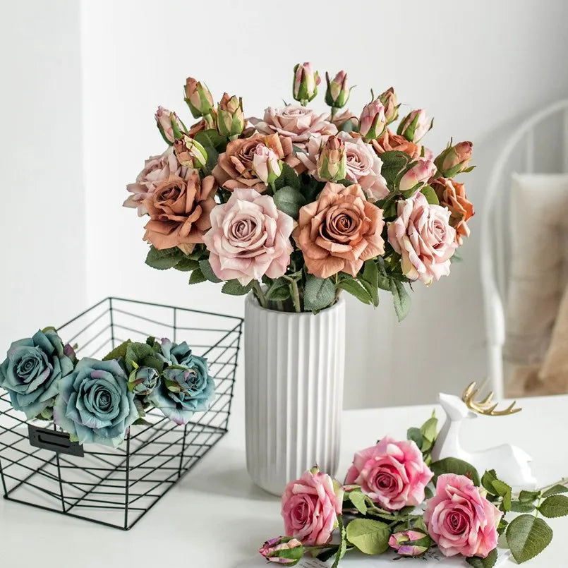 Rama Grande de Rosa de Seda Retro Otoño — 18 Colores, Hogar y Festividades