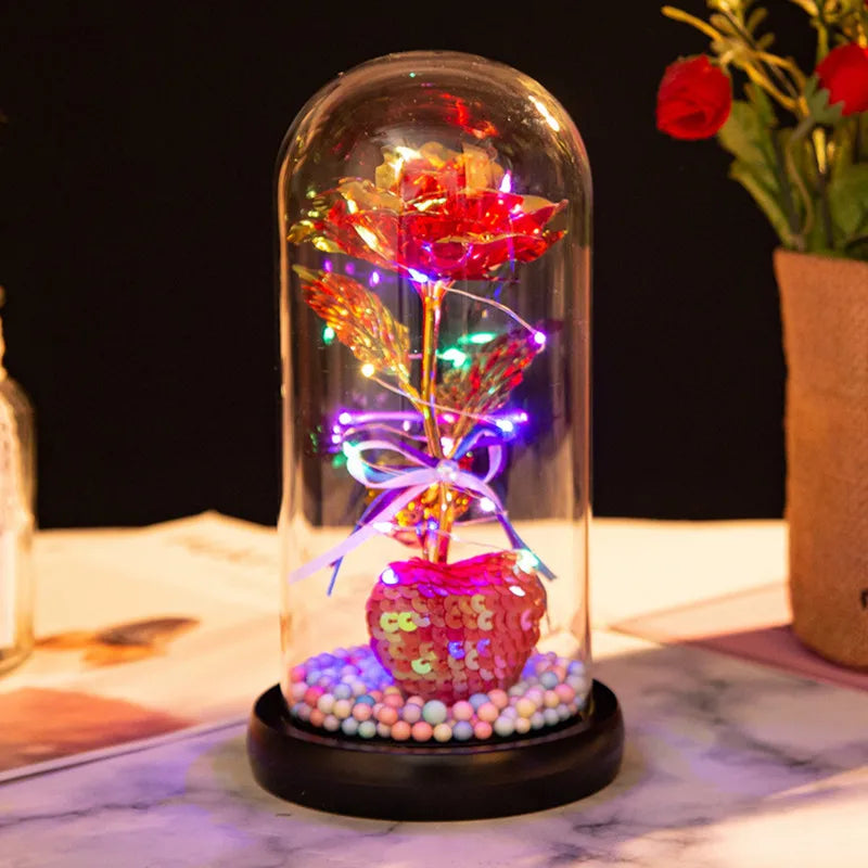 Rosa en Cúpula de Cristal con LED — Estilo La Bella y la Bestia, 16 Estilos, Regalo