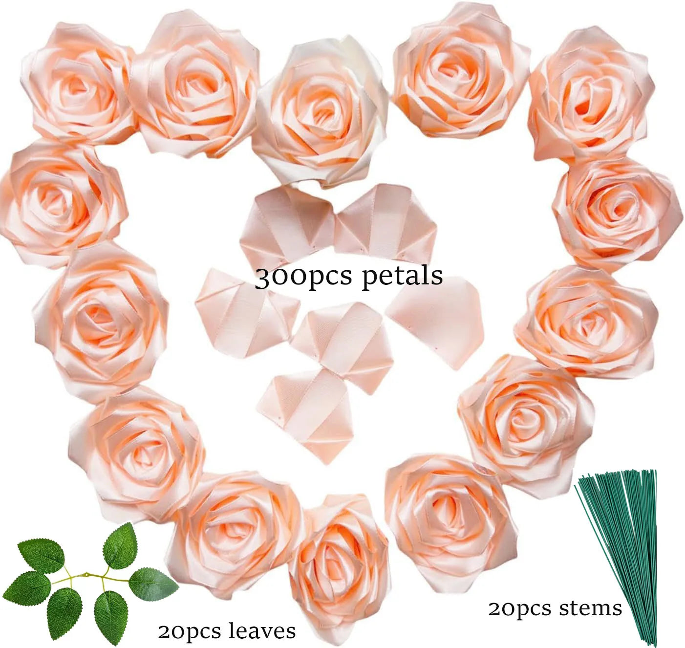 Yannew 300pcs Premade Handcrafted Silk Rose Petals for DIY Eternal Rose Flowers Bouquets with Stem Leaf Birthday Gifts for Women