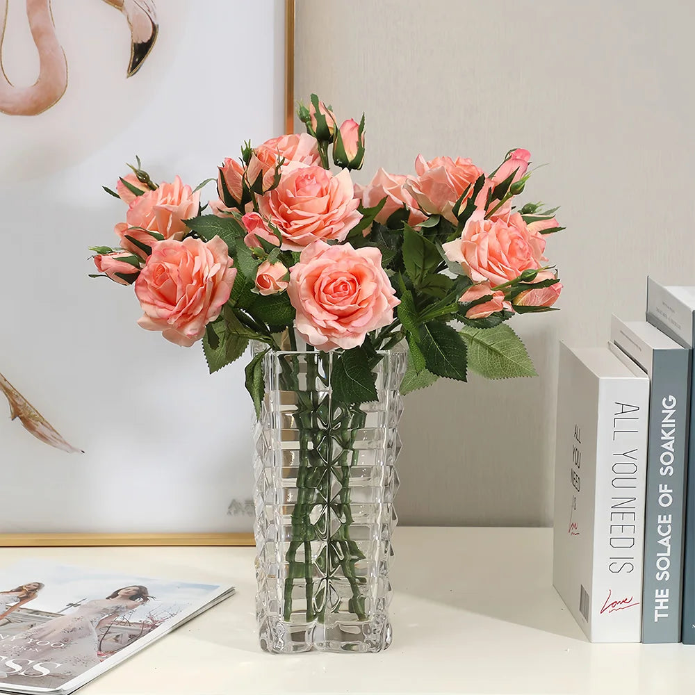 Real Touch Romantic Rose Artificial Flowers (1 Flower + 2 Buds) Moisturizing Texture for Home Decor Wedding Bridal Bouquet