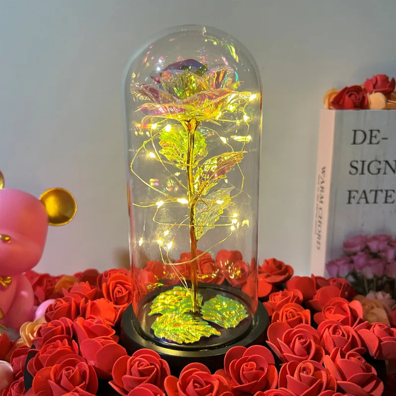 Wedding Galaxy Rose Flower Eternal Flower With Lights In Dome Forever Rose Red Rose Valentine'S Day Mother'S Day Romantic Gift