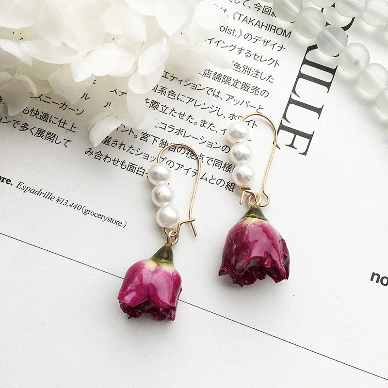 Immortal Rose Flower Earrings Elegant Epxoy Resin Dried Flower Earrings Colorful Rose Natural Plant Hoop Earrings Custom Jewelry
