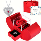 Eternal Rose Double Door Jewelry Box with Heart Shaped Necklace - Perfect Gift for Anniversary, Wedding, Birthday, Jewelry Gift