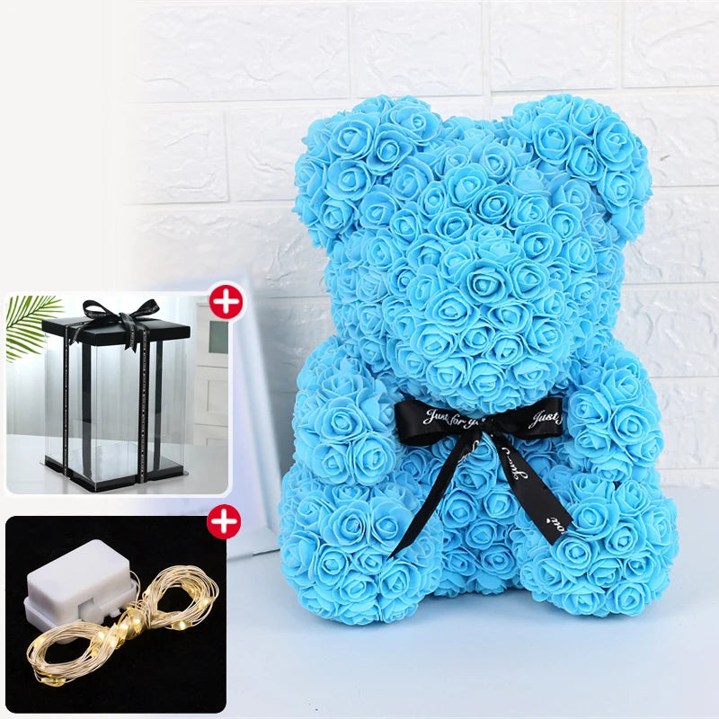 Oso de Rosas con Caja y Luz LED — Regalo Romántico, 7 Colores, San Valentín