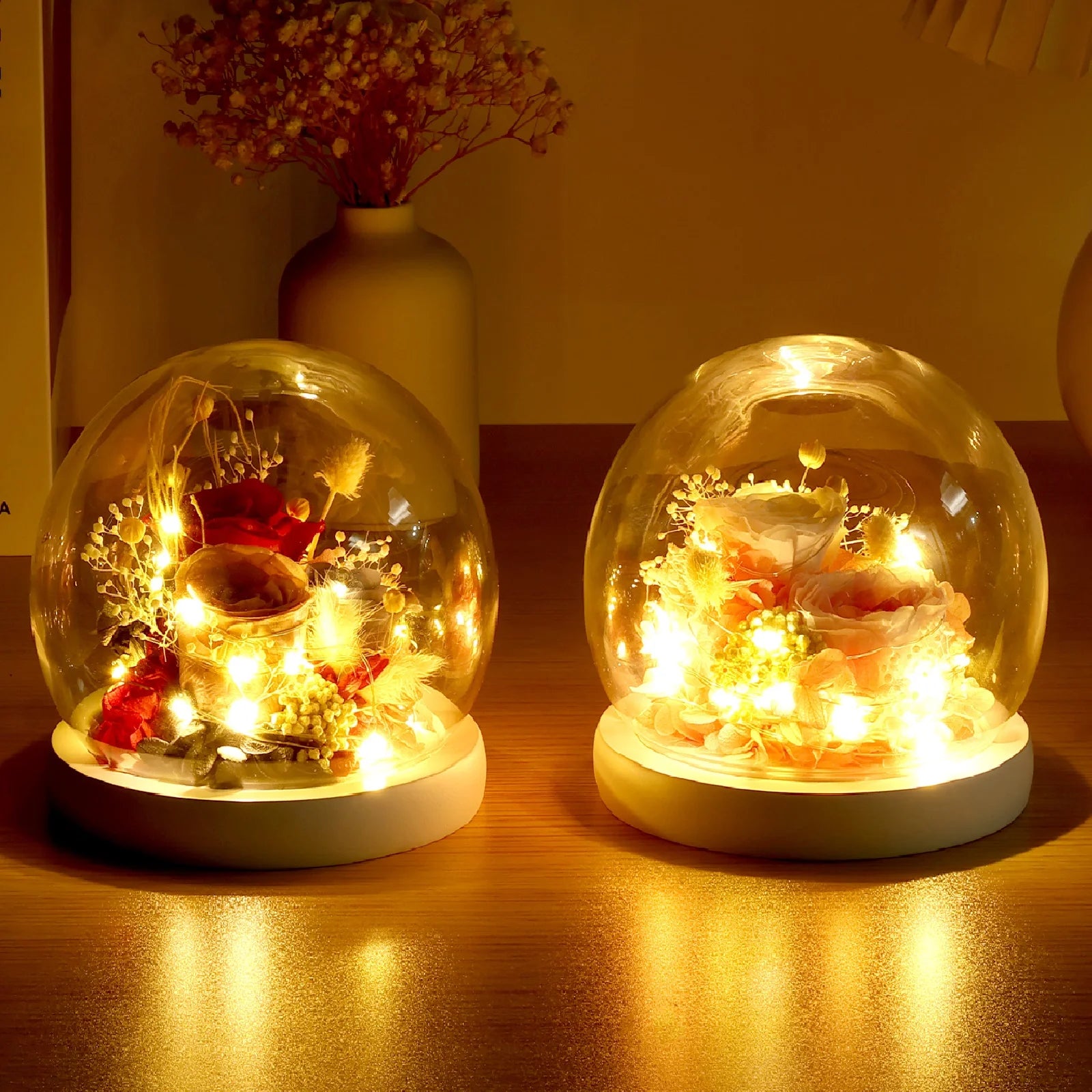 Artificial Flower Tulip Eternal Rose Flower Wedding Decor Handmade DIY LED Night Lamp Foil Glass Dome Preserved Flower Xmas Gift