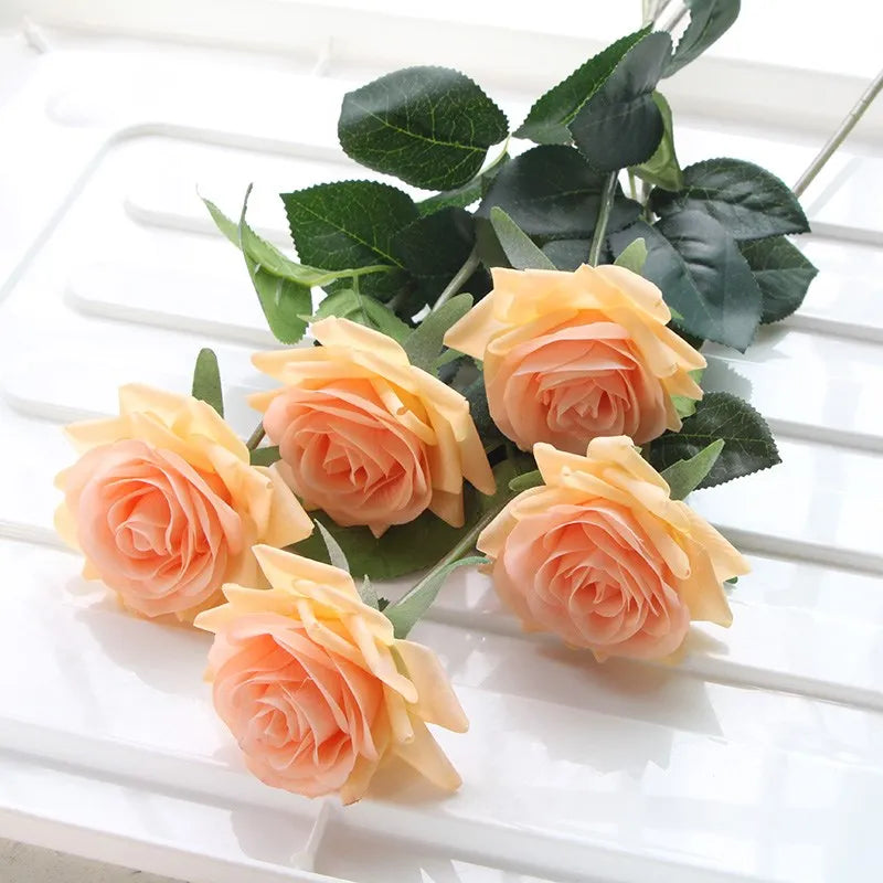 7pcs Pink Rose Artificial Flowers Real Touch Silk Flowers For Home Wedding Table Bouquet Party Decoration