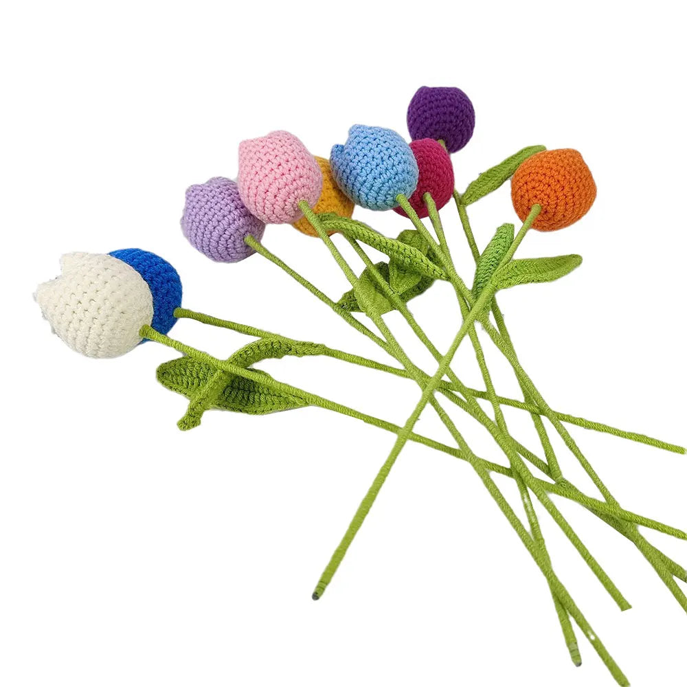 Hand Woven Roses Tulip Simulation Flower Preparation Handmade Flower Diy Wool Knitting Homemade Crochet Bouquet Finished Product