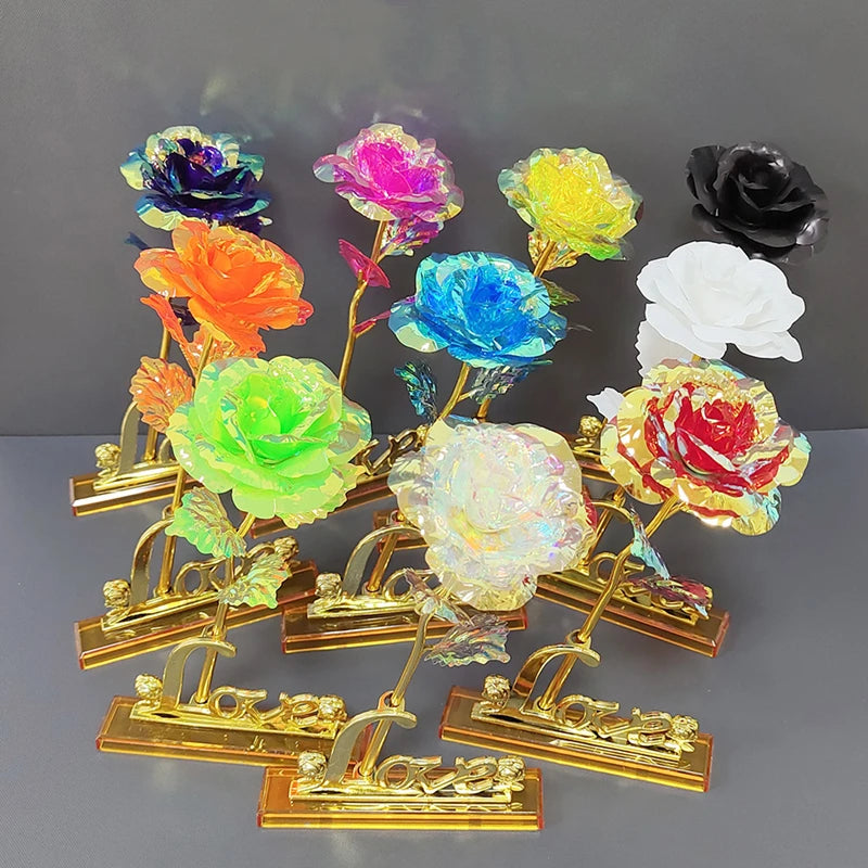 Rosa Bañada en Oro 24K — Rosa Dorada Eterna, Set con Base, 12 Colores, San Valentín