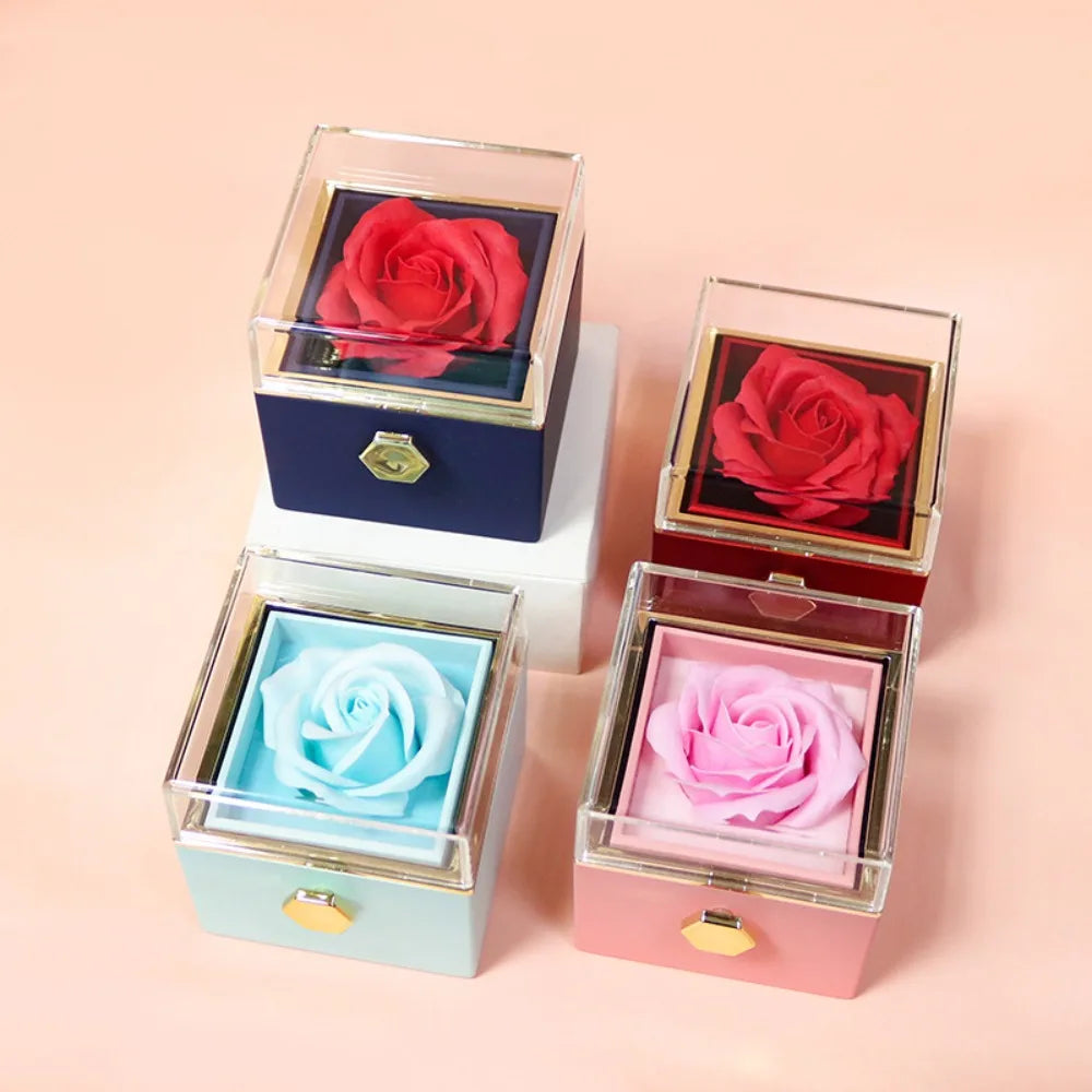 Eternal Rose Rotating Jewelry Box Soap Flower With Gift Bag Ring Box Transparent Lid Acrylic Storage Case Wedding Party