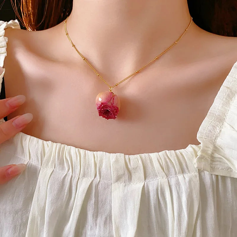 French Elegant Eternal Rose Flower Pendant Necklace Earrings Jewelry Set Women's Fashion Statement Party Ladies Girls Jewelry