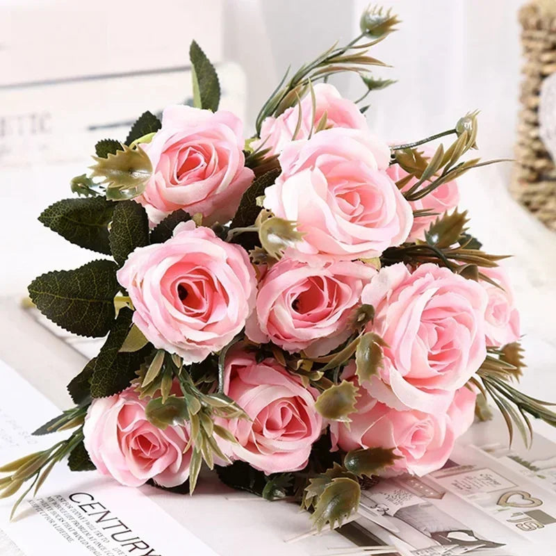 Retro Artificial Roses Bouquet Elegance Bridal Wedding Realistic Roses Flowers Floral Arrangement Ornaments Home Decoration