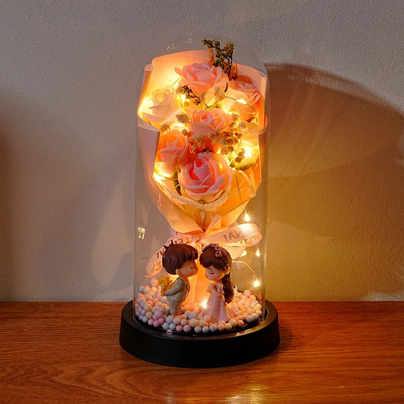 Wedding Birthday Valentine Day Gift Eternal Rose Flower Colorful Luminous Ornament for Women Mom Girlfriend Wife Home Decoration