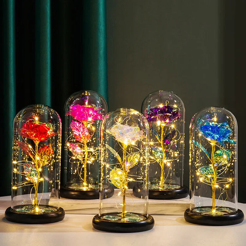 Wedding Galaxy Rose Flower Eternal Flower With Lights In Dome Forever Rose Red Rose Valentine'S Day Mother'S Day Romantic Gift