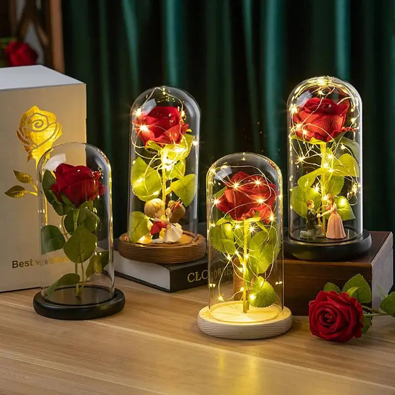 LED Eternal Red Rose in Glass Dome, Realistic Artificial Flower with Soft Light - Timeless Valentine's Day Gift