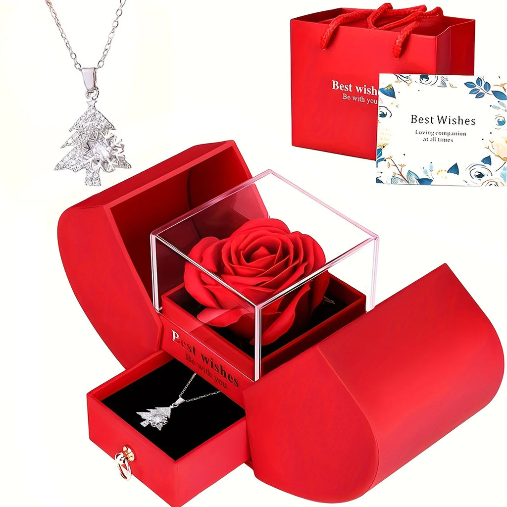 Eternal Rose Double Door Jewelry Box with Heart Shaped Necklace - Perfect Gift for Anniversary, Wedding, Birthday, Jewelry Gift