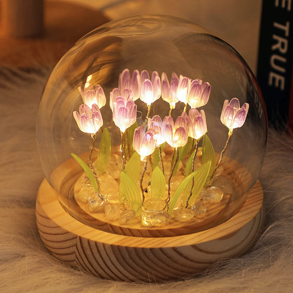 Artificial Flower Tulip Eternal Rose Flower Wedding Decor Handmade DIY LED Night Lamp Foil Glass Dome Preserved Flower Xmas Gift
