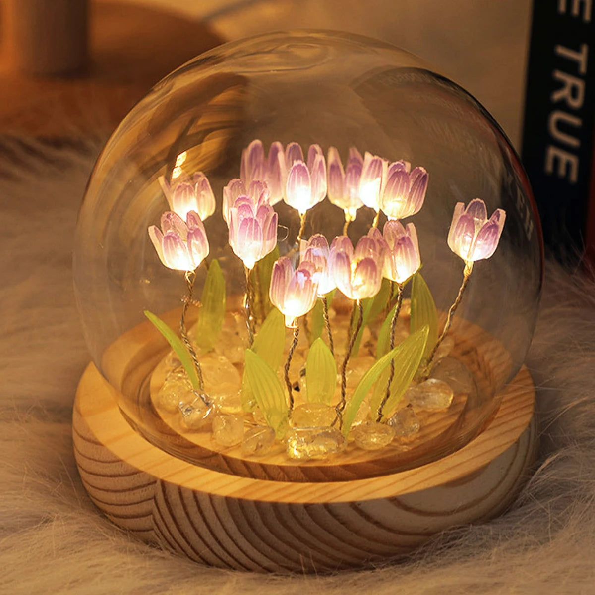 Artificial Flower Tulip Eternal Rose Flower Wedding Decor Handmade DIY LED Night Lamp Foil Glass Dome Preserved Flower Xmas Gift