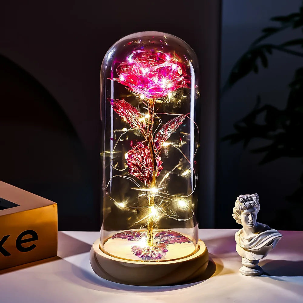 Eternal Rose LED Light glass Cover Flower Valentines Day Gift Wedding Party Decor Artificial Rose Flowers Light Christmas Gift