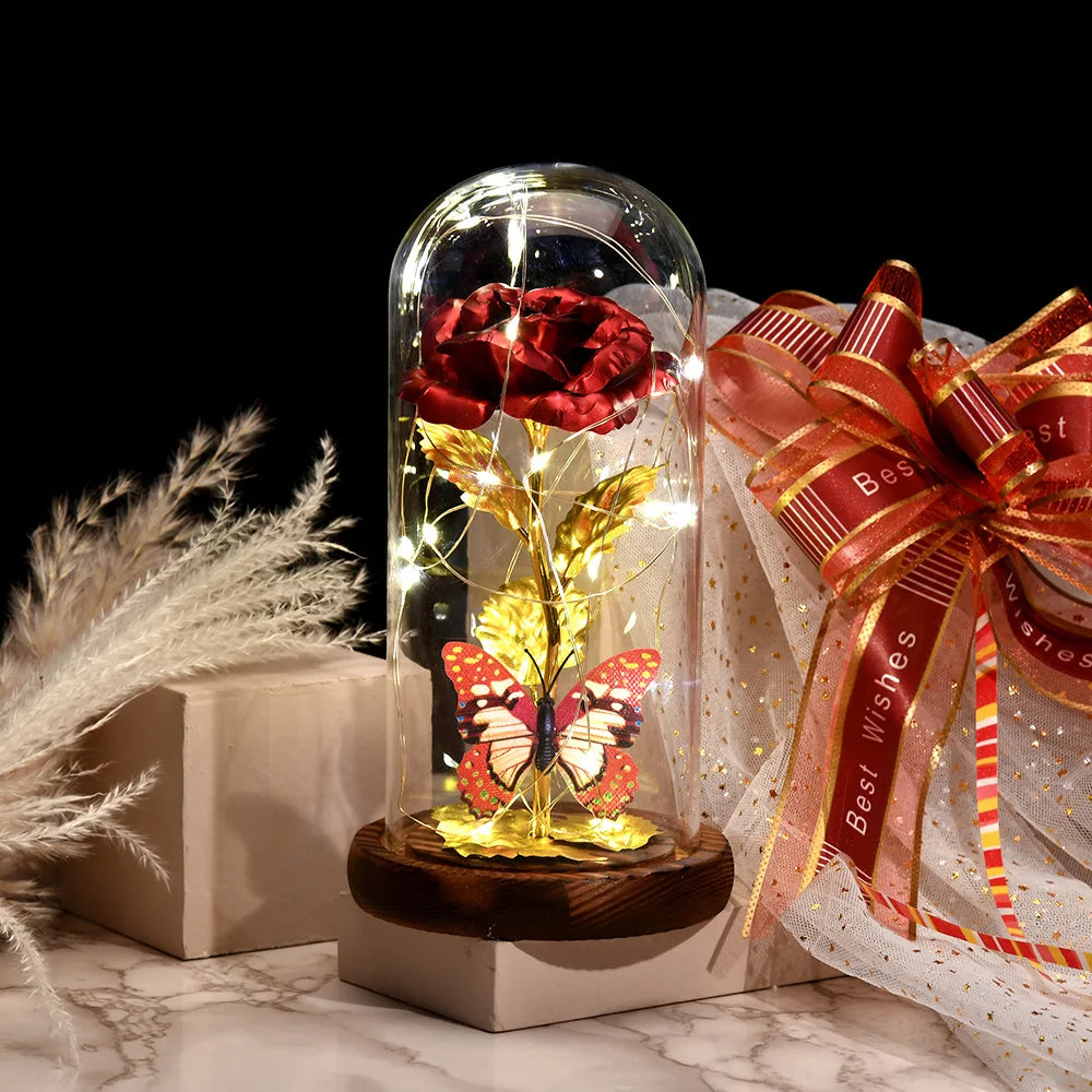Rosa en Cúpula de Cristal con LED — Estilo La Bella y la Bestia, 16 Estilos, Regalo