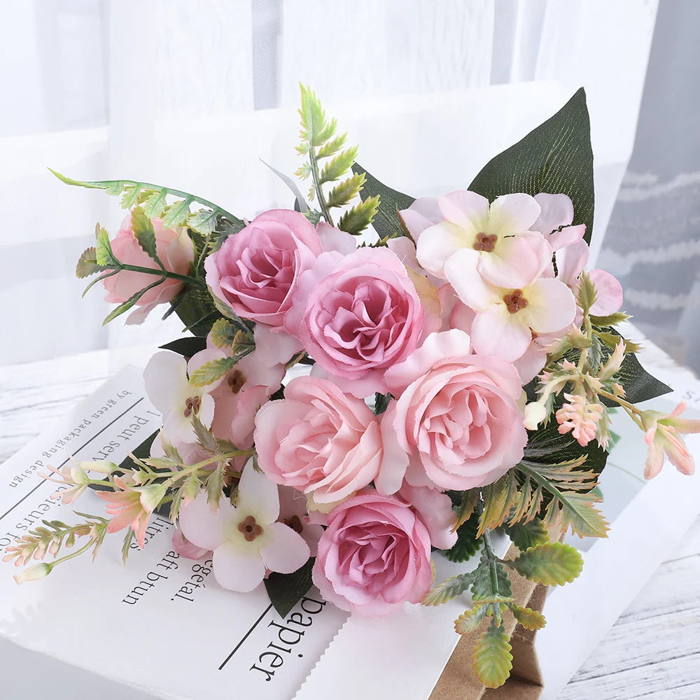 Ramo de Rosas e Hortensias de Seda — 12 Colores, Novia, Fiesta y Mesa