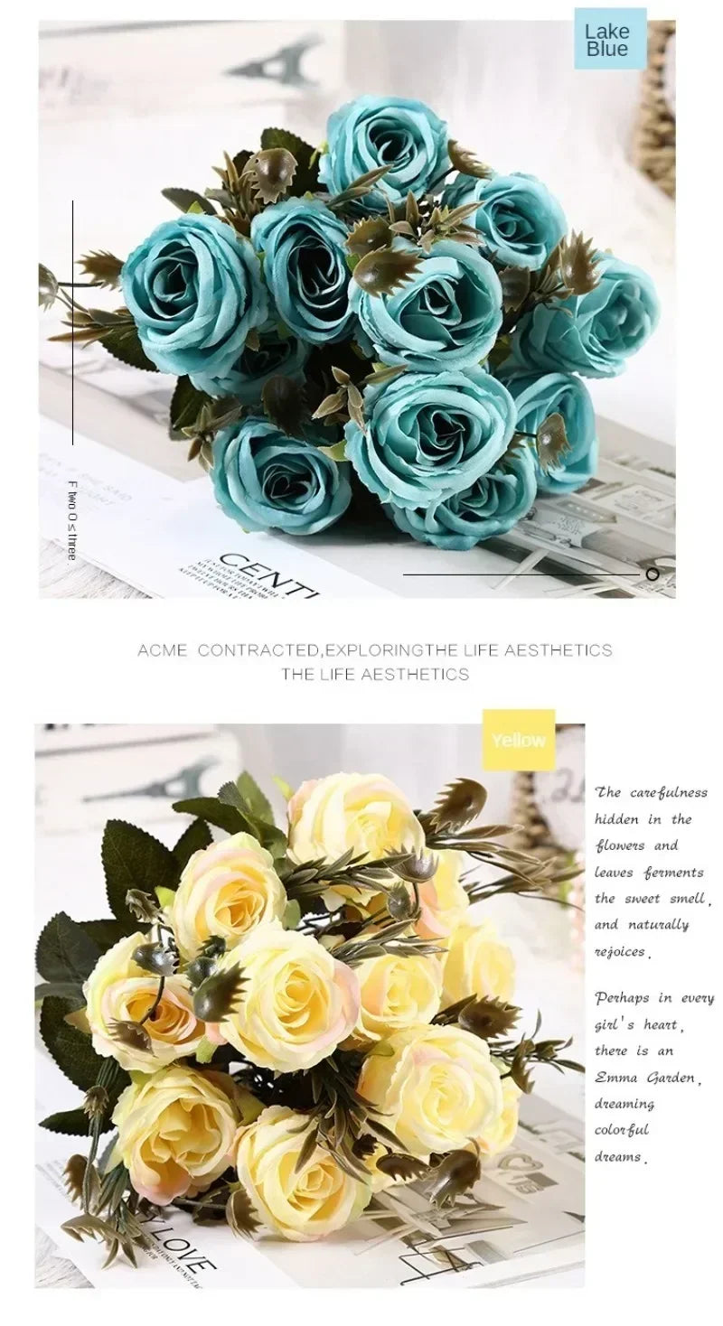 Retro Artificial Roses Bouquet Elegance Bridal Wedding Realistic Roses Flowers Floral Arrangement Ornaments Home Decoration