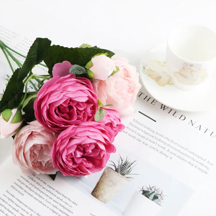 Ramo de Peonía y Rosa de Seda — 12 Colores, Hogar, Boda y Decoración Festiva