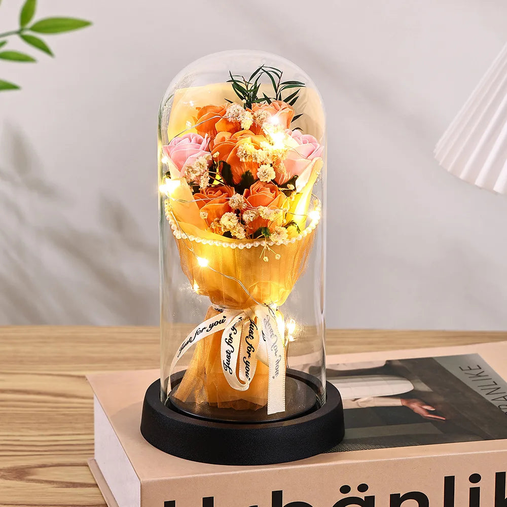 Eternal Rose LED Light glass Cover Flower Valentines Day Gift Wedding Party Decor Artificial Rose Flowers Light Christmas Gift