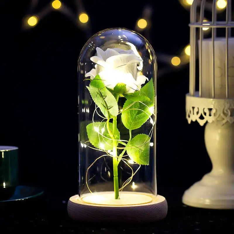 Artificial Rose Flowers Eternal Rose LED Light Foil Flower in Glass Cover Simulation Rose Flower Wedding Mother's Day Gifts